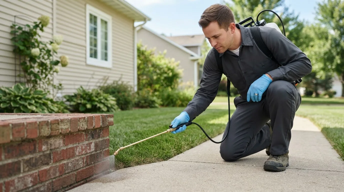 Pest control technician treating a home near Amazonia, MO