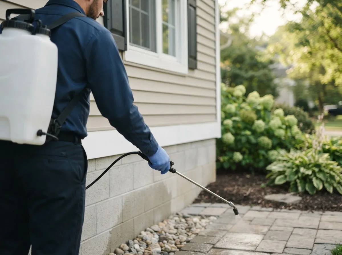Pest control technician inspecting a home in Amazonia, MO
